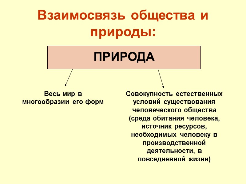 Взаимосвязь общества и природы: ПРИРОДА Весь мир в многообразии его форм Совокупность естественных условий